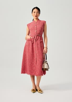 Fei Belted Tweed Mandarin Collar Fit & Flare Midaxi Dress