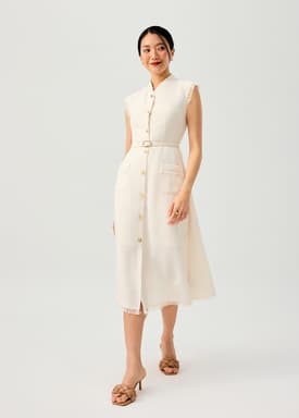 Fei Belted Tweed Mandarin Collar Fit & Flare Midaxi Dress