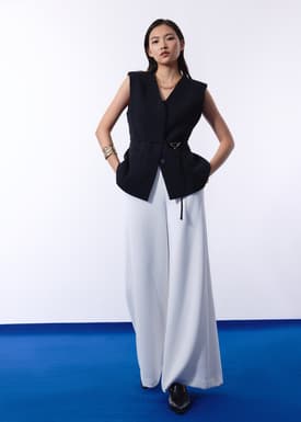Ji-woo Relaxed Belted Shoulder Padded Crepe Longline Vest