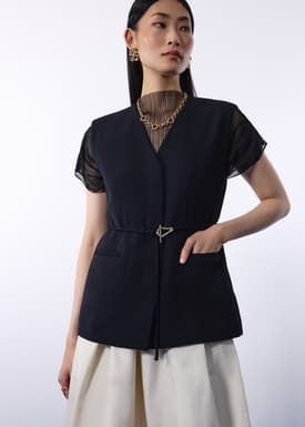 Ji-woo Relaxed Belted Shoulder Padded Crepe Longline Vest