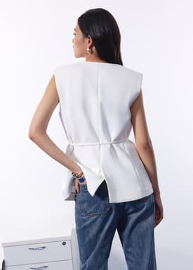Ji-woo Relaxed Belted Shoulder Padded Crepe Longline Vest
