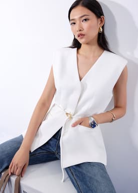 Ji-woo Relaxed Belted Shoulder Padded Crepe Longline Vest
