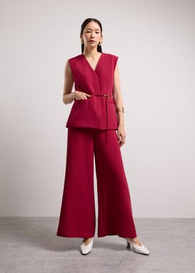 Ji-woo Relaxed Belted Shoulder Padded Crepe Longline Vest