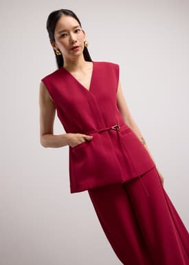 Ji-woo Relaxed Belted Shoulder Padded Crepe Longline Vest