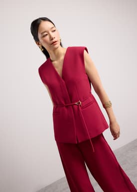 Ji-woo Relaxed Belted Shoulder Padded Crepe Longline Vest