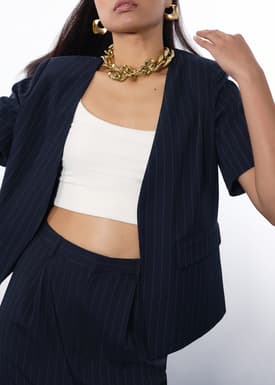 Dylan Pinstripe Collarless Boxy Blazer