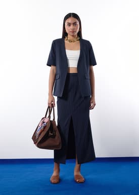 Dylan Pinstripe Collarless Boxy Blazer