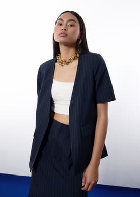 Dylan Pinstripe Collarless Boxy Blazer