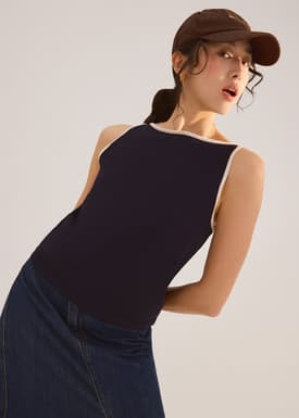 Nikki Relaxed Contrast Knit Boat Neck Tank Top