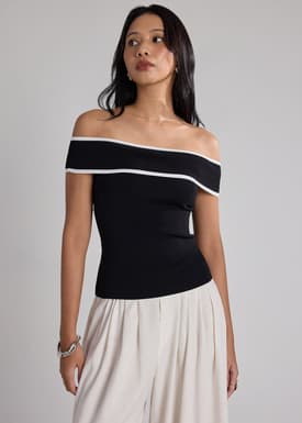 Chari Contrast Knit Off Shoulder Top