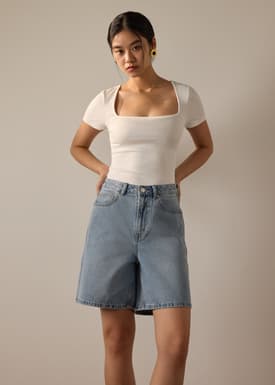 Megan Denim Mid Waist Bermuda Shorts