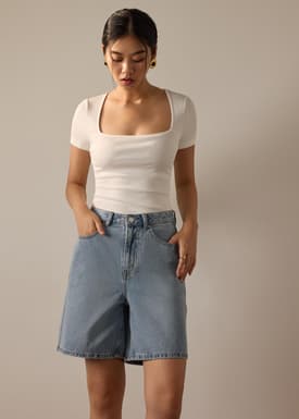 Megan Denim Mid Waist Bermuda Shorts