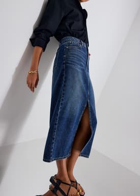 Minsi Denim Front Slit Column Midi Skirt