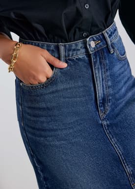 Minsi Denim Front Slit Column Midi Skirt