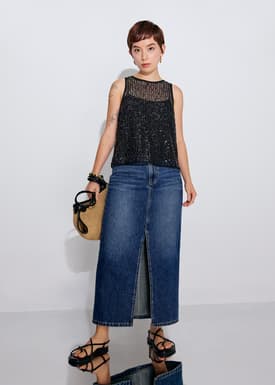 Minsi Denim Front Slit Column Midi Skirt