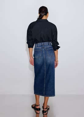 Minsi Denim Front Slit Column Midi Skirt