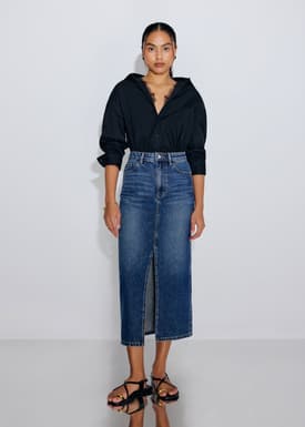 Minsi Denim Front Slit Column Midi Skirt
