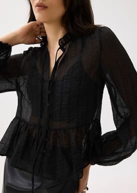 Sheer Peplum Puff Sleeve Blouse