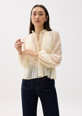Sheer Peplum Puff Sleeve Blouse