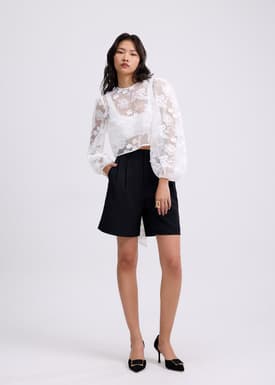 Lace Embroidery Puff Sleeve Crop Blouse