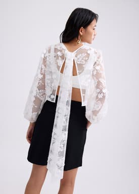 Lace Embroidery Puff Sleeve Crop Blouse