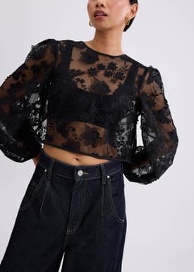 Lace Embroidery Puff Sleeve Crop Blouse