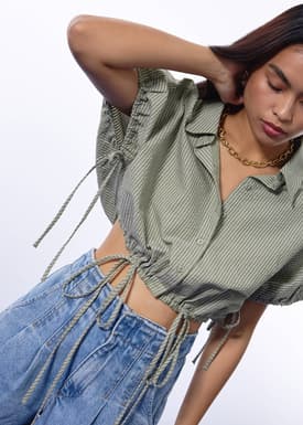 Relaxed Pinstripe Seersucker Collared Button Down Crop Shirt