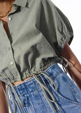 Relaxed Pinstripe Seersucker Collared Button Down Crop Shirt