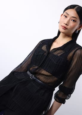 Sheer Plisse Collared Button Down Shirt