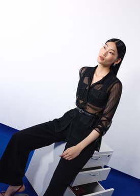 Sheer Plisse Collared Button Down Shirt