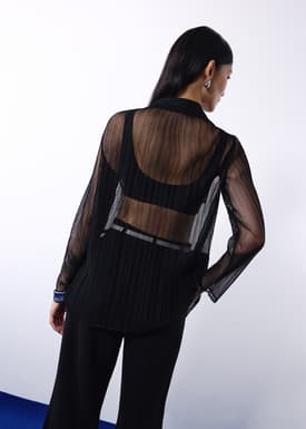 Sheer Plisse Collared Button Down Shirt