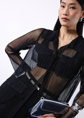 Sheer Plisse Collared Button Down Shirt