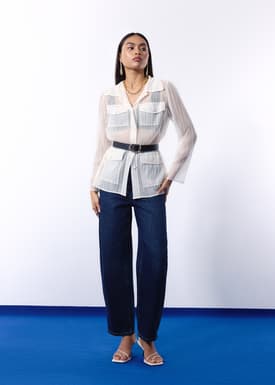 Sheer Plisse Collared Button Down Shirt