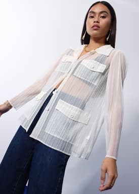 Sheer Plisse Collared Button Down Shirt