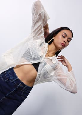 Sheer Plisse Collared Button Down Shirt