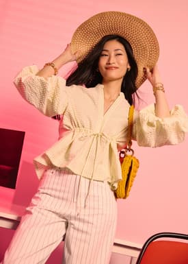 Pinstripe Seersucker Notched Puff Sleeve Peplum Blouse