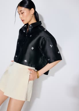Embellished Satin Collared Boxy Crop Shirt