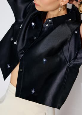 Embellished Satin Collared Boxy Crop Shirt