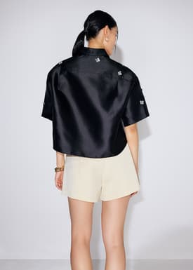 Embellished Satin Collared Boxy Crop Shirt