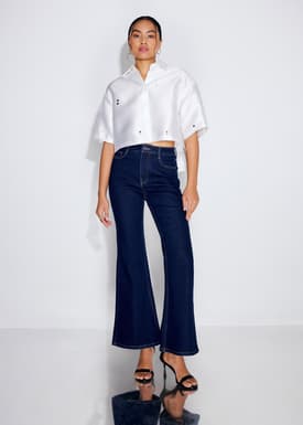 Embellished Satin Collared Boxy Crop Shirt