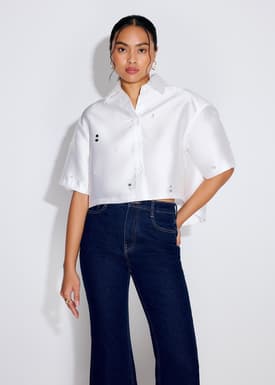 Embellished Satin Collared Boxy Crop Shirt