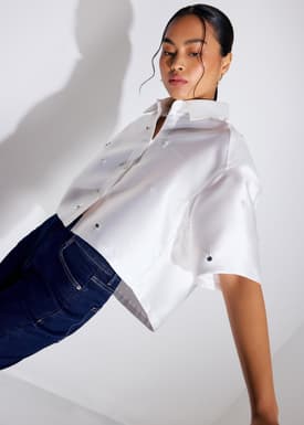 Embellished Satin Collared Boxy Crop Shirt