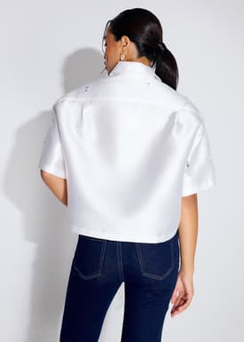 Embellished Satin Collared Boxy Crop Shirt