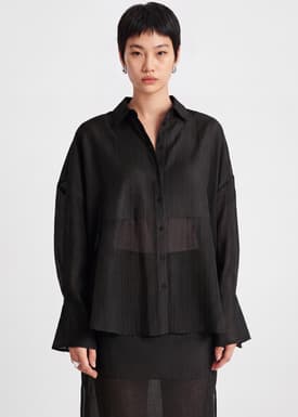 Oversized Sheer Lyocell Collared Poet Sleeve Blouse