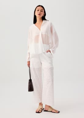Oversized Sheer Lyocell Collared Poet Sleeve Blouse