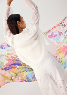 Oversized Sheer Lyocell Collared Poet Sleeve Blouse