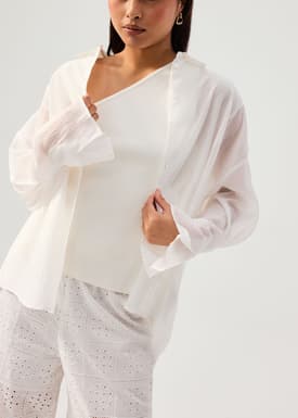 Oversized Sheer Lyocell Collared Poet Sleeve Blouse