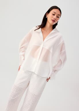Oversized Sheer Lyocell Collared Poet Sleeve Blouse