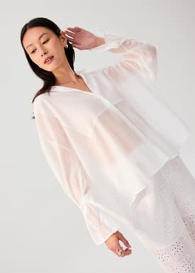 Oversized Sheer Lyocell Collared Poet Sleeve Blouse