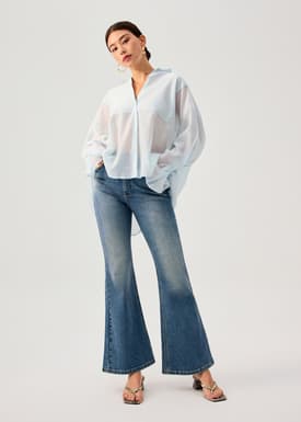 Oversized Sheer Lyocell Collared Poet Sleeve Blouse